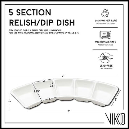 Vikko Serving Tray, 5 Section Porcelain Circular Serving Platter, Pack of 2, 10 Inch Small White Serving Dish for Entertaining, Condiments, Candies, Charcuterie, Snack