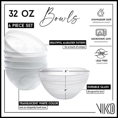 Vikko Salad Bowl, Set of 6 White Alabaster Style Soup Bowls, 6" Bowl with Marbelized Design, Large 32 Ounce Bowls Set, For Pasta, Fruit, Ramen Bowl, Dishwasher Safe
