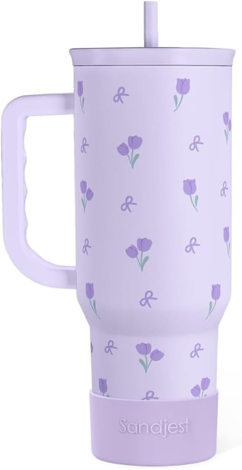 Floral 40oz Tumbler with Handle and Straw – Tulip Insulated Stainless Steel by SANDJEST