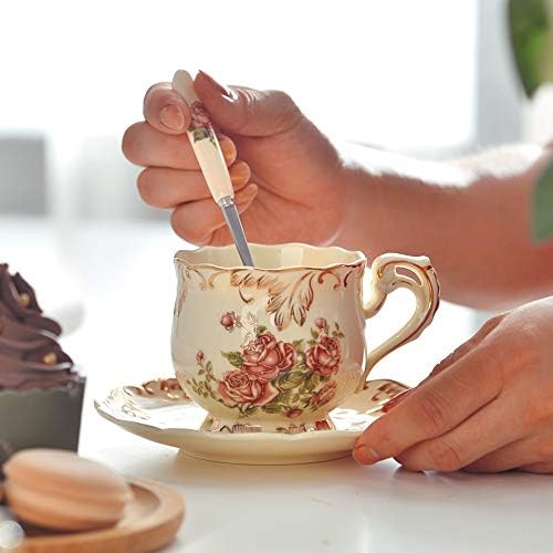 YOLIFE Tea Cups and Saucers Set of 2, 8 OZ Pink Rose Tea Cups Set | Ivory - Image 2