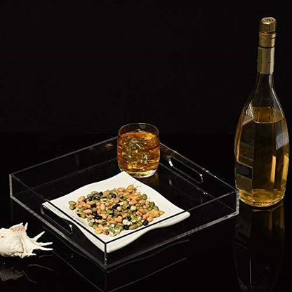 Clear Sturdy Acrylic Serving Tray with Handles - 12x12Inch - Coffee, Appetizer, Breakfast, Butler Tray - Kitchen Countertop & Makeup Drawer Organizer