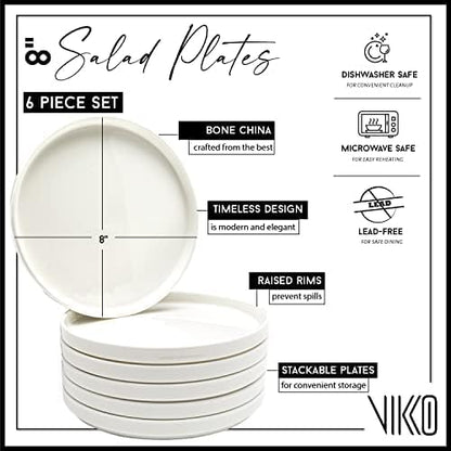 Vikko Salad Plate, Set of 6 White Plates, Dessert, Salad, Appetizer Plate, Fine Bone China, Stackable 8 Inch Dessert Plates, Dishwasher Safe