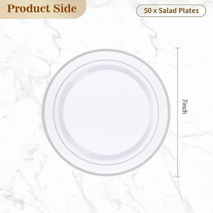 BESTVIP 50PCS 7 Inch Silver Plastic Plates, Disposable Salad Dessert Plate with Silver Rim for Christmas, Thanksgiving, Heavy Duty Disposable Plastic Plates for Parties, Wedding and Birthday, Events