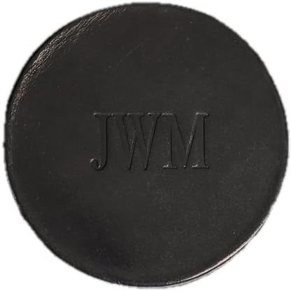 Ox & Pine Personalized Leather Coaster - Sold Individually or in Sets of 4 - Customize Inscription - 100% Full-Grain Leather – 4" Round or 4" Square (Round, Black, 1 Individual Coaster)