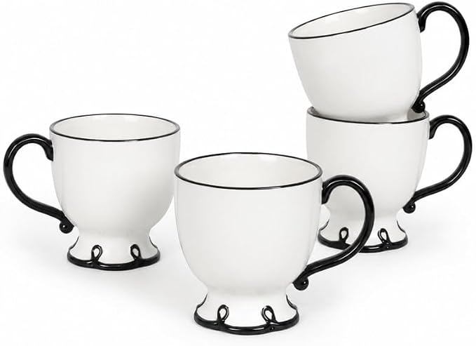 SANGO Splash of Cheers Large Mugs Set of 4, 16 oz Stoneware Black and White by Sango