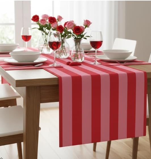 Folkulture Fall Table Runner 72 Inches Long | Pink & Red Vertical Striped | by FOLKULTURE