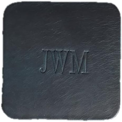 Ox & Pine Personalized Leather Coaster - Sold Individually or in Sets of 4 - Customize Inscription - 100% Full-Grain Leather – 4" Round or 4" Square (Square, Deep Ocean, 1 Individual Coaster)