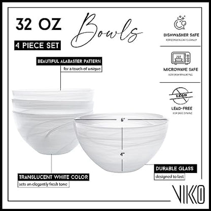 Vikko Salad Bowl, Set of 4 White Alabaster Style Soup Bowls, 6" Bowl with Marbelized Design, Large 32 Ounce Bowls Set, For Pasta, Fruit, Ramen Bowl, Dishwasher Safe
