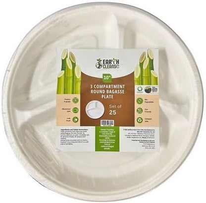 Bagasse 10-Inch 3-Compartment Round Plates, Pack of 25