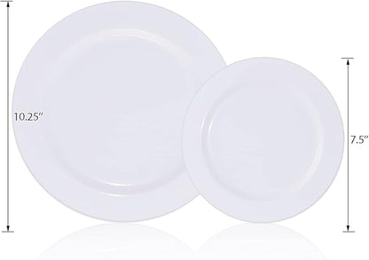 KIRE 120PCS White Plastic Plates - Heavy Duty White Disposable Plates for Party/Wedding - Include 60Pieces 10.25inch Dinner Plates - 60Pieces 7.5inch Dessert/Salad Plates