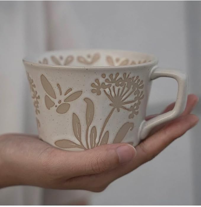 12 Ounce Ceramic Mug Set of 3 Embossed Leaf Ceramic Coffee Mugs, Vintage - Image 6
