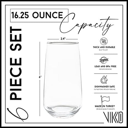 Vikko Drinking Glasses Set of 6, Highball Water Glasses 16.25 Ounce, Premium - Image 2