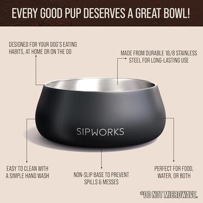 Sipworks Stainless Steel Dog Bowl – 32oz Weighted Metal Food and Water Bowls for Dogs and Cats with Non-Slip Base - Pet Bowls for All Breeds Sizes for Travel & Outdoor Play | Iron Smoke
