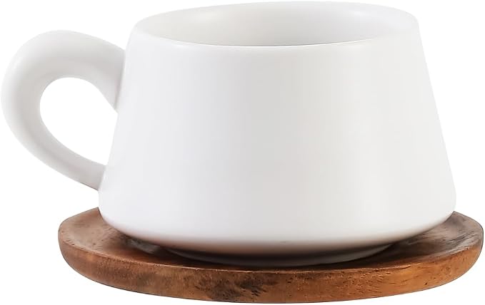Set of 1 Ceramic Tea White Cup and Wood Saucer - 7 oz Tea Mug - Wide Cappuccino by Unknown