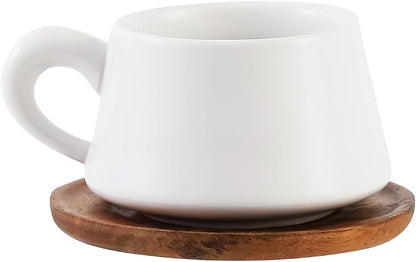 Set of 1 Ceramic Tea White Cup and Wood Saucer - 7 oz Tea Mug - Wide Cappuccino by Unknown