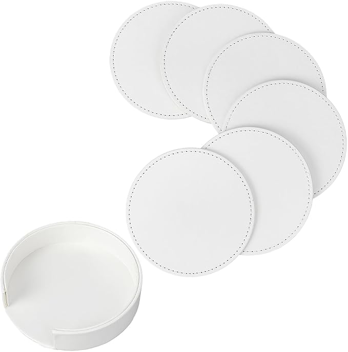 6PCS White PU Leather Cup Holders 4 Inch Leather Round Drink Coasters Spill by QUALITYCALFOVERA