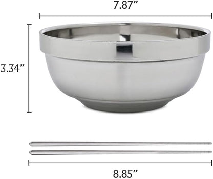 4 Pack 40 Oz Stainless Steel bowl set with chopsticks, Metal Double=walled Insulated noodle bowl, cereal, Ice Cream, Soup, Korean Ramen, 7 Inch