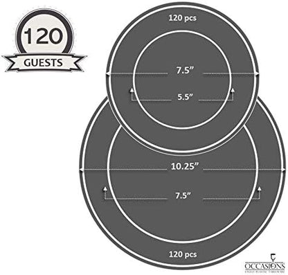 " OCCASIONS " 240 Plates Pack,(120 Guests) Heavyweight Premium Disposable Plastic Plates Set -120 x 10.25'' Dinner + 120 x 7.5'' Salad/Dessert (Rochelle Seafoam/Mint and Gold))