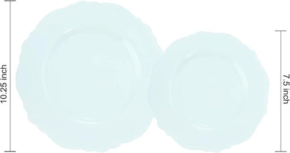 WDF 60pcs Mint Green Plastic Plates - Baroque Dinner Plates Including 30 Green Plates Disposable10.25inch, 30 Dessert Plates 7.5inch for Upscale Wedding, Parties