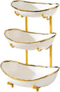 jessie 3 Tier Fruit Bowls for Kitchen Counter,Ceramic Large Fruit Basket Stand,Metal Fruit Serving Tray Snacks Nuts Cake Storage Holder (Gold 1)