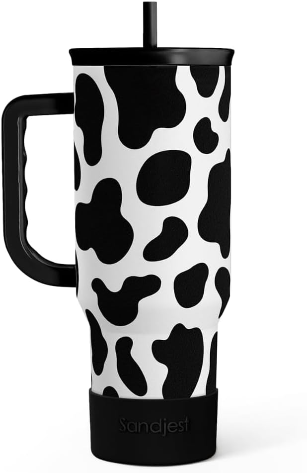 SANDJEST Cow Tumbler with Handle 40oz, Cow Print Cup Stainless Steel Tumblers by SANDJEST