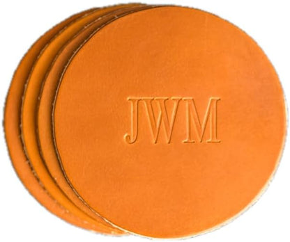 Ox & Pine Personalized Leather Coaster - Sold Individually or in Sets of 4 - Customize Inscription - 100% Full-Grain Leather – 4" Round or 4" Square (Round, Harvest, Set of 4 Coasters)