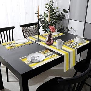 Emvency Table Runner and Placemats Set of 6, Abstract Watercolor Yellow | Grey - Image 7