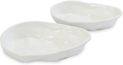 RoRo Handmade Ceramic Stoneware Oyster-Inspired Glossy White Canape Plates, 5.5 Inch | Perfect for Sushi, Tapas, Bruschetta & Appetizers Set of 2