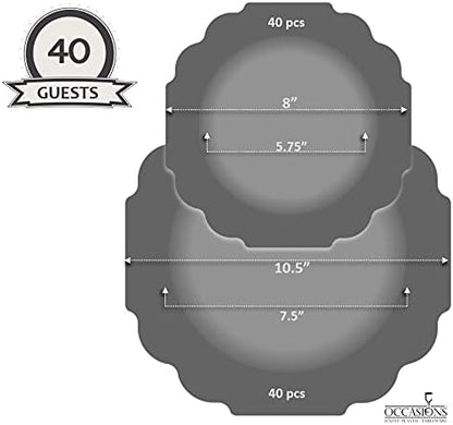 " OCCASIONS " 80 Plates Pack,(40 Guests) Heavyweight Wedding Party Disposable Plastic Plates Set -40 x 10.5'' Dinner + 40 x 8'' Salad/Dessert Plate (Imperial White & Gold)