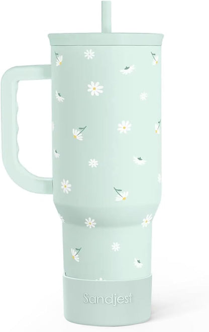 Daisy 40oz Tumbler with Handle and Straw – Flower Insulated Stainless Steel by SANDJEST