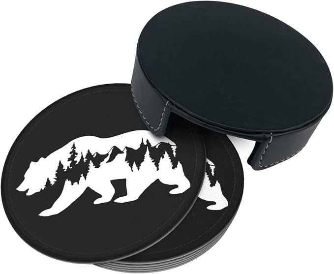 6 Pcs Hiking Bear Mountains Camper Leather Coasters - Image 4
