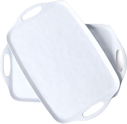 Large Serving Tray Set of 2 – 19 x 12 Inch White Rectangular Melamine Trays with Handles – Durable Plastic Food Serving Tray for Snacks, Meals, Parties, Outdoor & Indoor Use