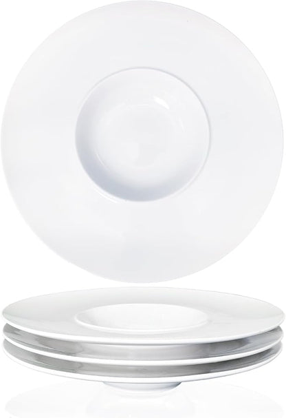 Ceramics Rimmed Soup Bowls 8.5 oz, White 10.4 inch Exquisite small soup plate Set of 4, Pasta plates With Rim is the best choice for hotels, kitchens, fine restaurants and gourmets