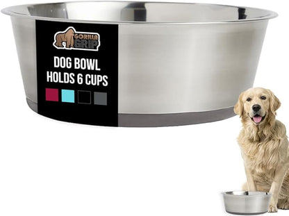 GORILLA GRIP Set of 2 Dog Bowls, Holds 6 Cups (48 fl oz), Heavy Duty Metal Food and Water Bowl for Feeding Dogs and Cats, Dishwasher Safe, Rust Resistant Stainless Steel, BPA Free Rubber Base, Gray