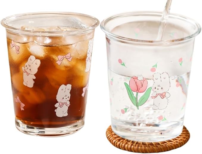 2 Pack 12 OZ Cute Floral Glass Cup Rabbit Drinking Glasses | Thick Sturdy by yaocoral