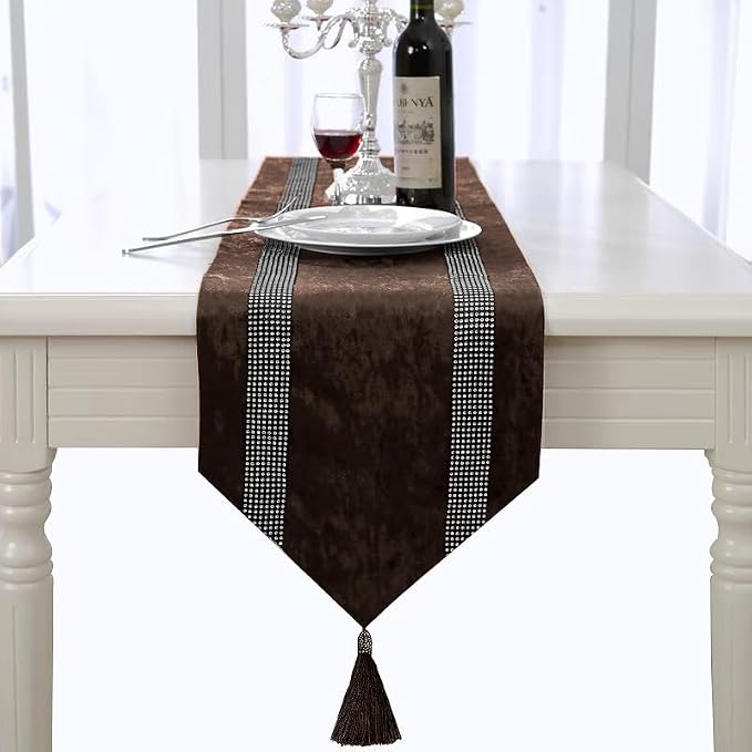 Elegant Rhinestone Brown Table Runner 120 Inches Extra Long, Ombre Velvet | - Image 4