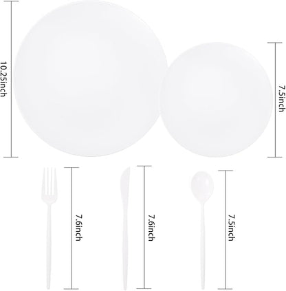 EI 150pcs White Plastic Plates Disposable,White Plate for Party,Disposable Frosted Plate with White Plastic Silverware,Heavy Duty Dinnerware set serves for 30,Perfect for Birthday Wedding Tea Party.