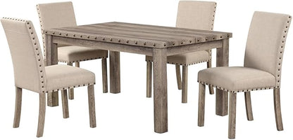 Morden Fort Farmhouse Dining Set for 4, 60" Rectangular Wooden Table & 4 Upholstered Chairs with Nailhead Accents, 5-Piece Kitchen Table Set for Dining Room, Breakfast Nook, Antique Rustic