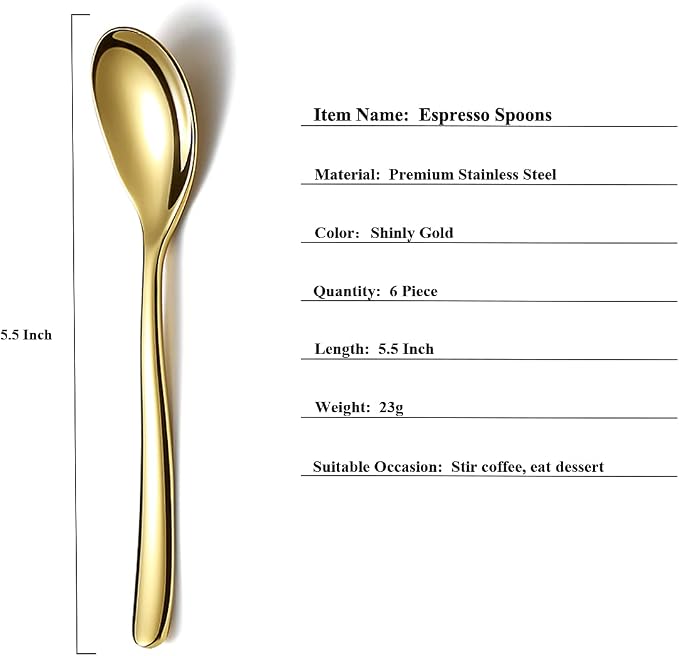 Gold Demitasse Espresso Spoons, 5.5'' Mini Coffee Spoons, Stainless Steel - Image 2