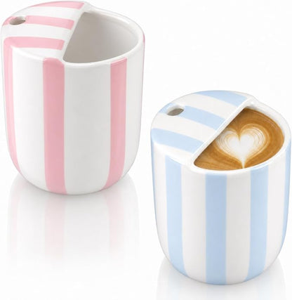 2 Pcs Ceramic Mug with Sip Hole 10 oz Novelty Pink Light Blue Striped Coffee by Ferrochef