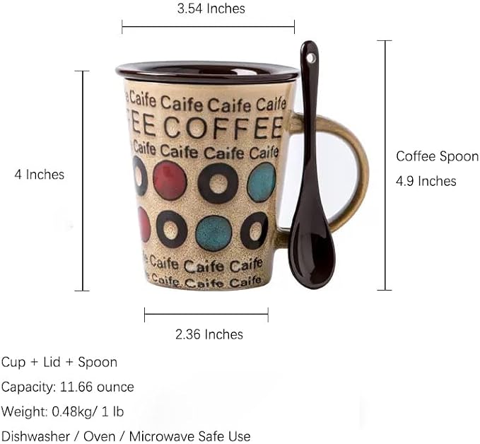 Ceramic Coffee Cup with Spoon and Lid, 12 oz Coffee Mug, Microwave Dishwasher - Image 3