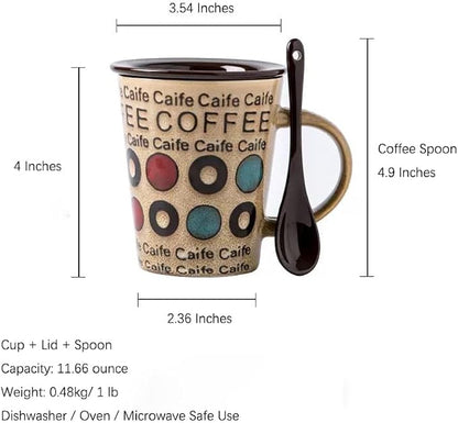 Ceramic Coffee Cup with Spoon and Lid, 12 oz Coffee Mug, Microwave Dishwasher - Image 3