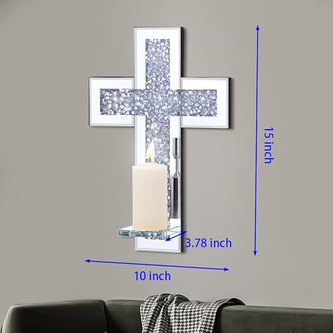 Pibeyer Crystal Crush Diamond Candle Holder Set of 2, Rectangle Silver Mirrored Candle Sconces, Wall Decorations for Living Room, Dining Room (Cross)