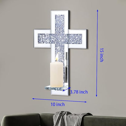 Pibeyer Crystal Crush Diamond Candle Holder Set of 2, Rectangle Silver Mirrored Candle Sconces, Wall Decorations for Living Room, Dining Room (Cross)