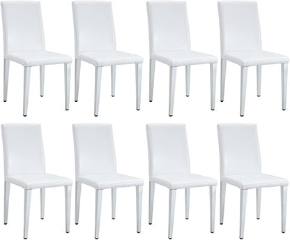 White Dining Chairs Set of 8,Faux Leather with Chrome Plate Metal Legs,Armless Kitchen Room Chairs Set of 8,Max Load 300 Lbs,High Back Modern Design for Home Kitchen Living Room Bedroom