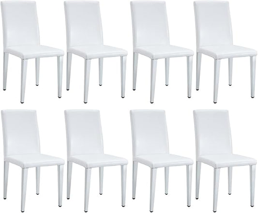 White Dining Chairs Set of 8,Faux Leather with Chrome Plate Metal Legs,Armless Kitchen Room Chairs Set of 8,Max Load 300 Lbs,High Back Modern Design for Home Kitchen Living Room Bedroom