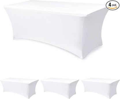 Table Cover for 6 foot Rectangle Tables-4 Pack White Fitted Stretch Tablecloth-Elastic Spandex 6ft Folding Tablecloths for Party, Vendor Booth Display, Banquet Buffet Event, Craft Trade Show