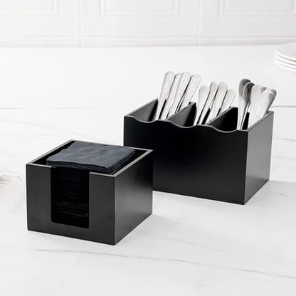 Restaurantware Black Bamboo Napkin Holder Bundle of 2 Square Organizer 5.5 x 5.5 x 4 Inches Cocktail Caddy Durable Open-Top Tray Black