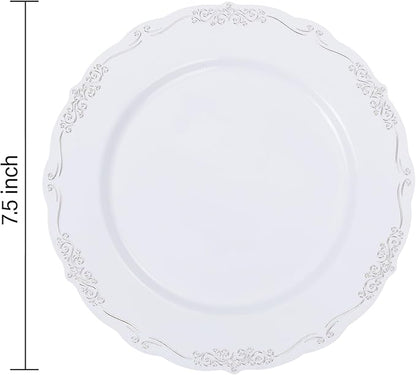 DaYammi 60PCS White and Silver Plastic Plates, Heavy Duty White and Silver Disposable Plates Premium 7.5inch White Dessert Cake Salad Appetizer Platos Hard Plastic Platos Disposable for Party Wedding