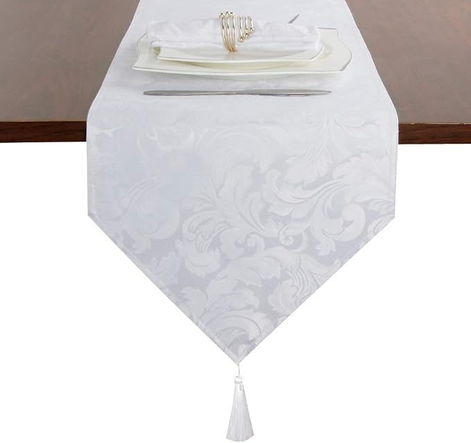 EHouseHome Jacquard Damask Reversible White Table Runners - Image 2